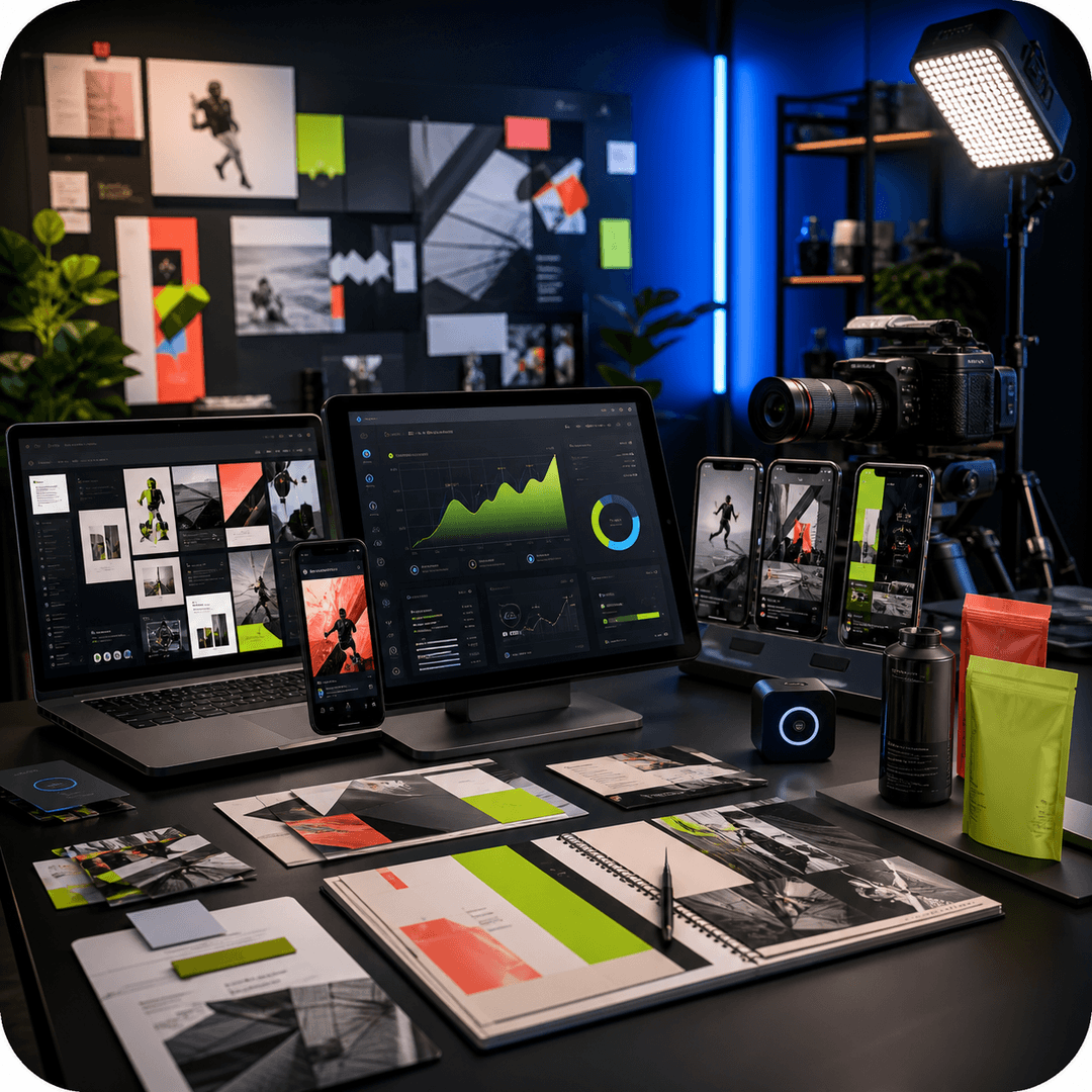 Creative digital campaign studio with social content and marketing dashboard